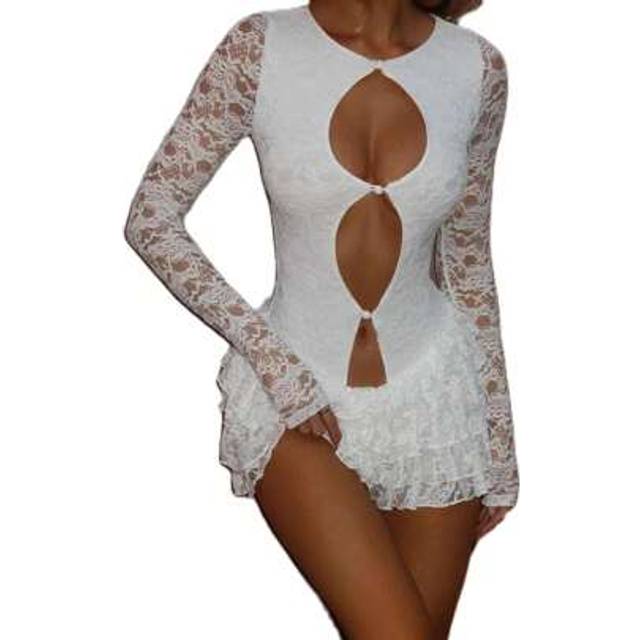 SHEIN Women Summer Y2K Lace Round Neck Long Sleeve Hollow Out Multi Layered Cake Mini Dress
