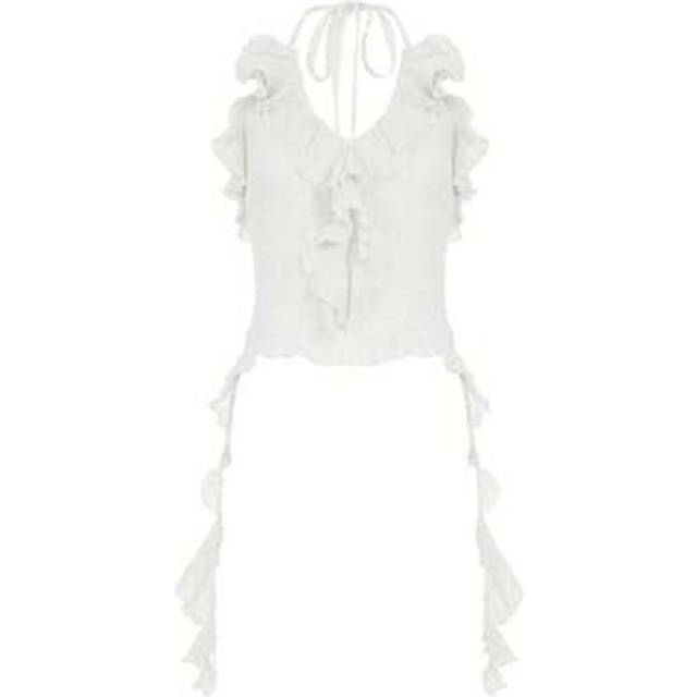 SHEIN Women Crop Halter Cami Top Irregular Ruffle Edge Deep V Neck Halter Cami Top Solid Color Backless Tank Shirt