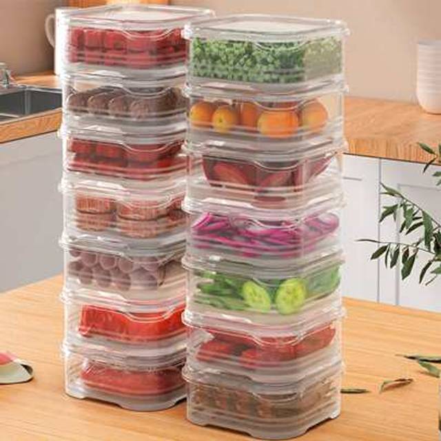 SHEIN 14 Packs Stackable Refrigerator Organizer Bins with Lids , Fridge Organizers and Storage Clear Plastic Pantry Organization and Storage Bins Fruit Vege
