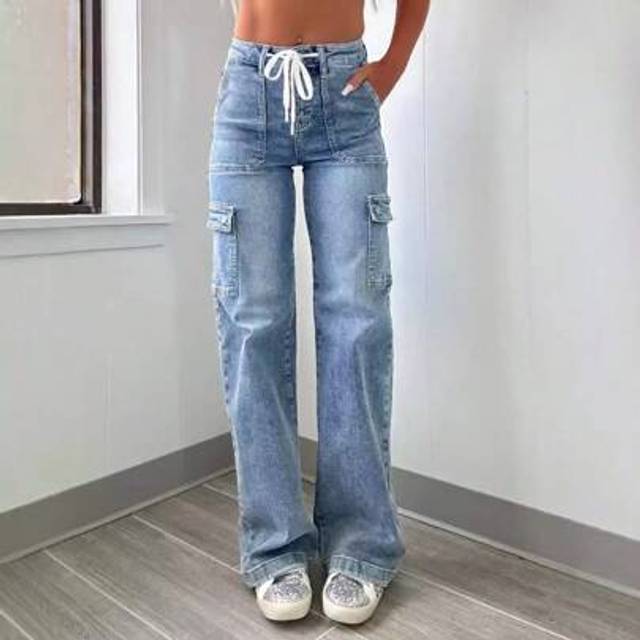 SHEIN 2025 New, Lace-Up Jeans, Women&#39;s Loose Straight Leg Casual Cargo Pants, Washed Jeans
