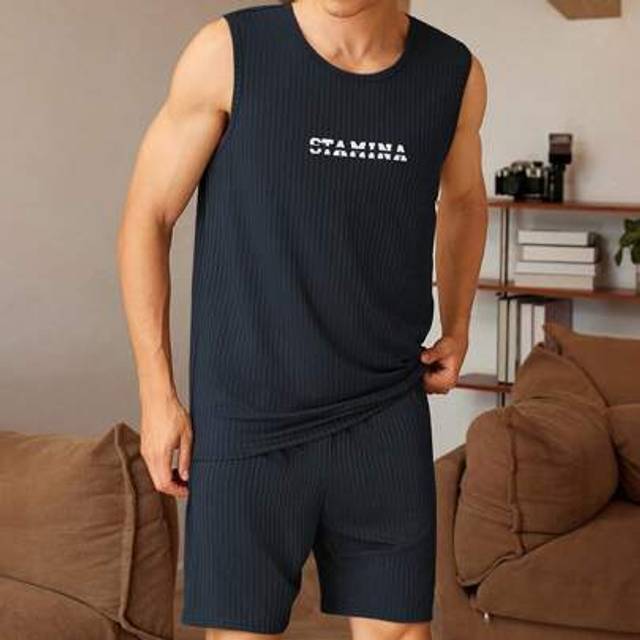 SHEIN Men&#39;s Letter Print Sleeveless Top & Shorts Pajama Set, Summer Homewear