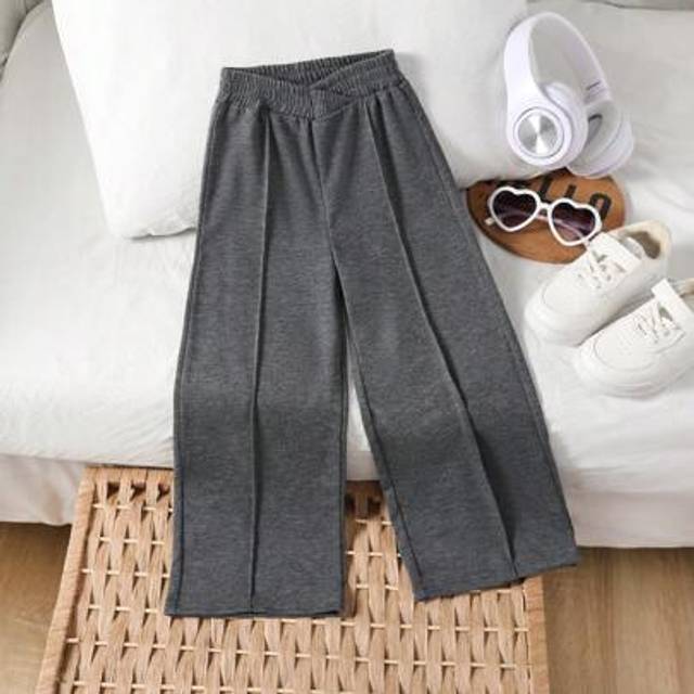 SHEIN Young Girl Solid Color Elastic Waist Wide Leg Pants With Toothpick Stripes Girls Grey Pants Kids Wide Leg Pants