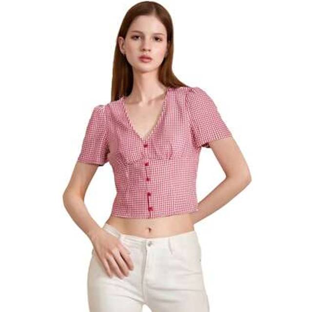 SHEIN Women Y2k Button Down Shirt Cute Button Up Cap Sleeve V Neck Preppy Slim Fit Summer 90s Crop Top Blouse