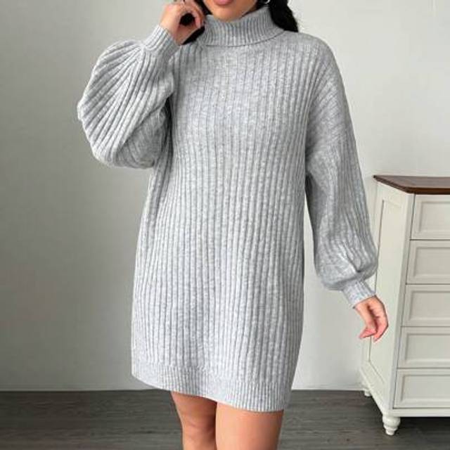 SHEIN Plus Size Loose Turtleneck Lantern Sleeve Chunky Knit Sweater Dress, Fall/Winter Autumn