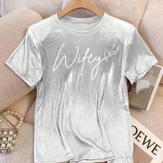 SHEIN Elegant French Mermaid Bridal Wedding Season Round Neck Shiny &#34;Wifey&#34; Letter Print Short Sleeve T-Shirt