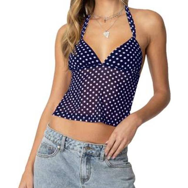 SHEIN Womens Y2K Halter Neck Cami Tank Top Polka Dot Spaghetti Strap V Neck Crop Tops Mesh Sheer Camisole Going Out Streetwear