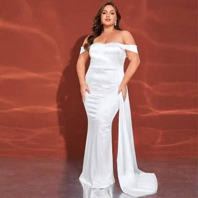 SHEIN Plus Size White Off The Shoulder Satin Ribbon Long Wedding Dress, Bride