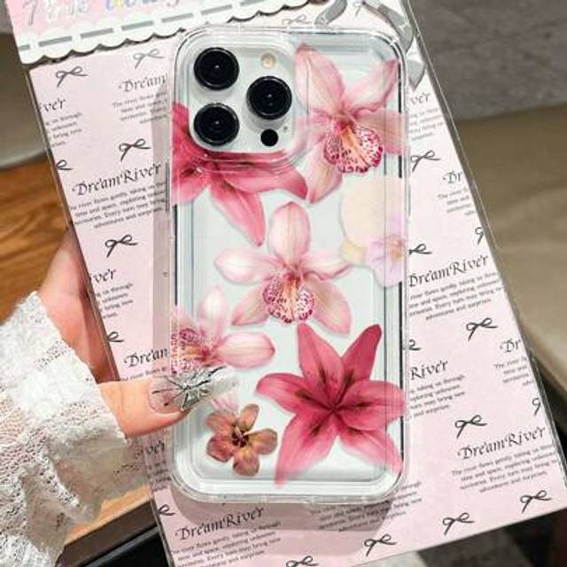 SHEIN 1pc New Pink Flower Lily Pattern Phone Case Compatible With Apple 16 Pro Max, 11/12/13/14 Plus, XR/7/8 Plus/15 Pro Max, Simple High-End Transparent Ca