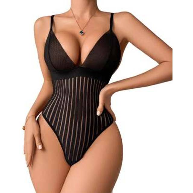 SHEIN Women&#39;s Patchwork Mesh Lingerie Bodysuit Slim Deep V Neck Wireless Spaghetti Strap Cut Out Back Bodysuit
