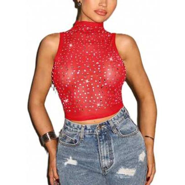 SHEIN Women&#39;s Mock Neck Sleeveless Sequin Party Sparkly Crop Tank Tops Clubwear