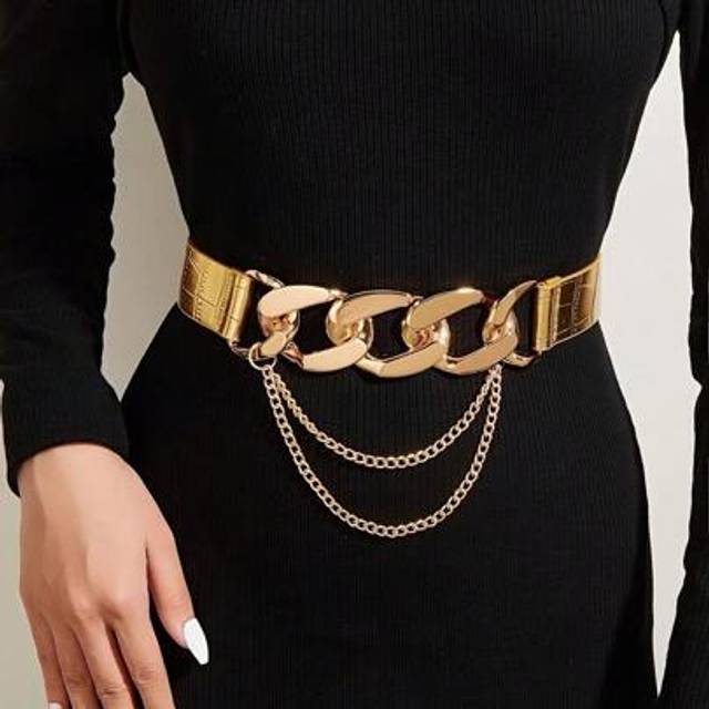 SHEIN 1pc Women&#39;s Gold Tone Chain Belt With Crocodile Pattern Buckle, Adjustable Party Summer, School Fall, Autumn, Halloween