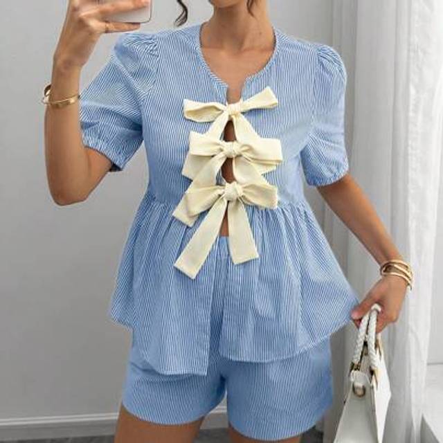 SHEIN 2 Pieces Maternity Set: Bowknot Blouse And Striped Shorts, Summer