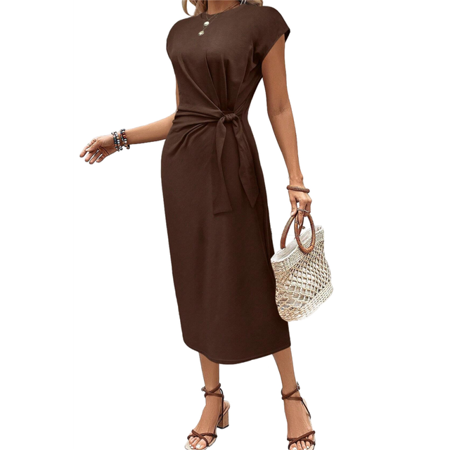 Women'S Summer Round Neck Casual Elegant Waist Tie Short Sleeve Long Dress Coffee M