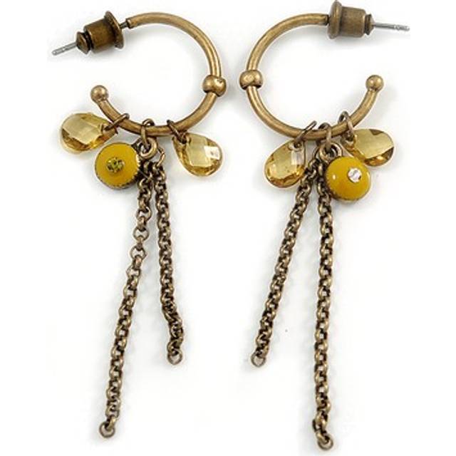 Small vintage inspired bronze tone hoop earrings with olive acrylic beads &