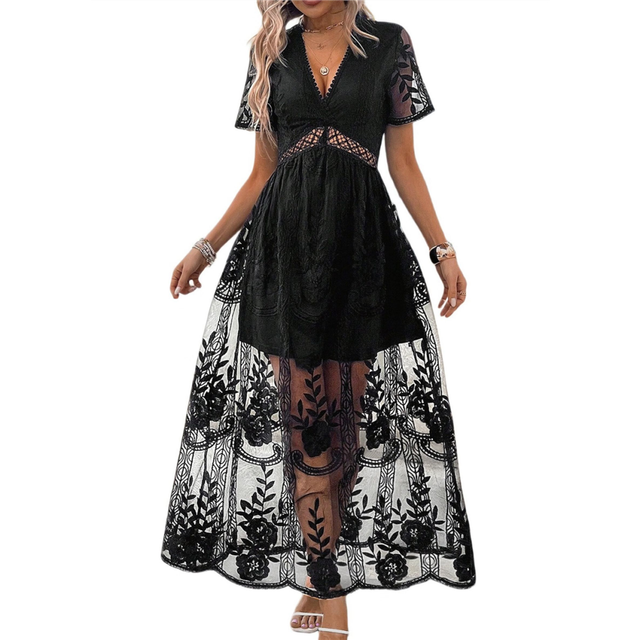 Women'S V Neck Short Sleeve Floral Lace Wedding Dress Bridesmaid Cocktail Party Maxi
