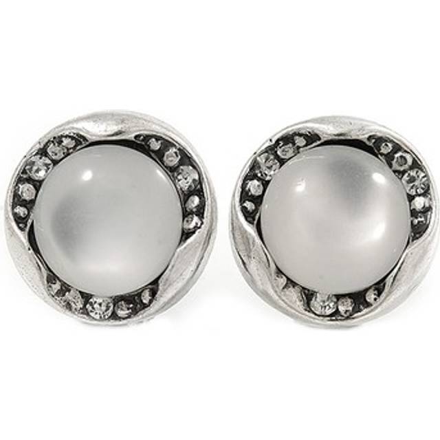 15mm button shape crystal, glass stone clip on earrings in silver tone metal