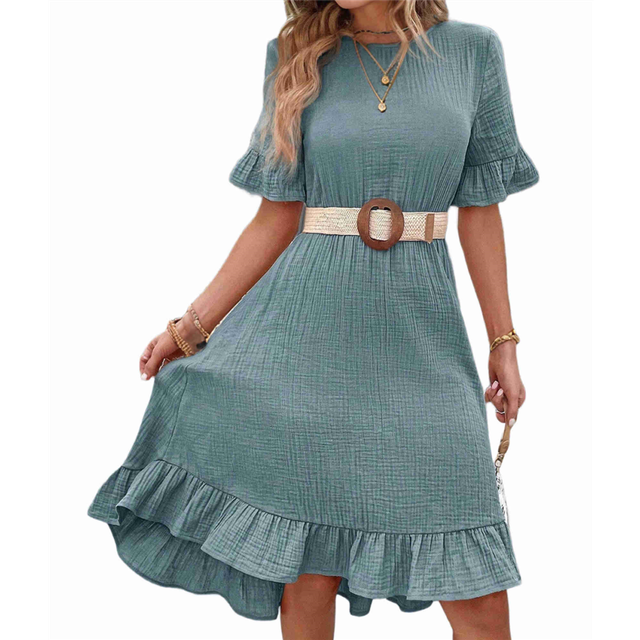 Women'S Short Sleeve Dresses High Waist Round Neck Solid Flounce Ruffle Dress Gray Blue L