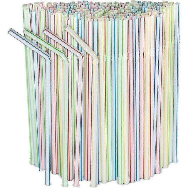 (As show, One size) 300pcs Striped Plastic Straws, Bendable, Multi-Color, Ideal for Milk, Juice, Tea