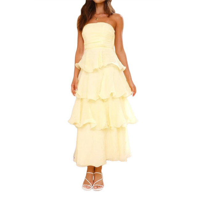 Women Summer Strapless Maxi Dress Ruffle Tiered Solid Backless Smocked Elegant Flowy Beach Long Dresses Yellow L