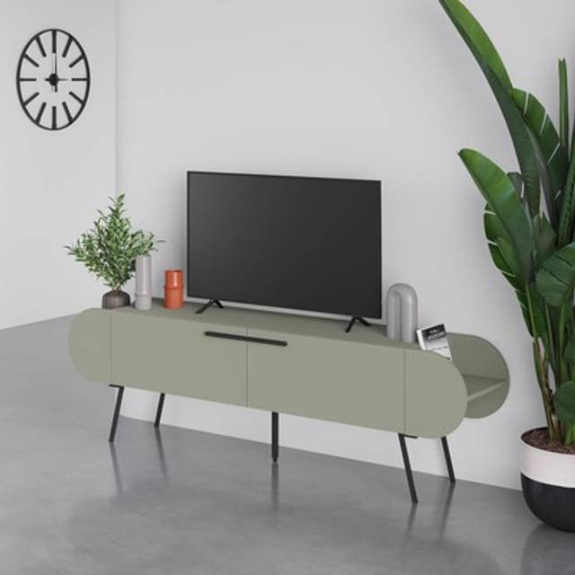 Ash green tv stand minimalist design hidden storage pull down doors metal legs