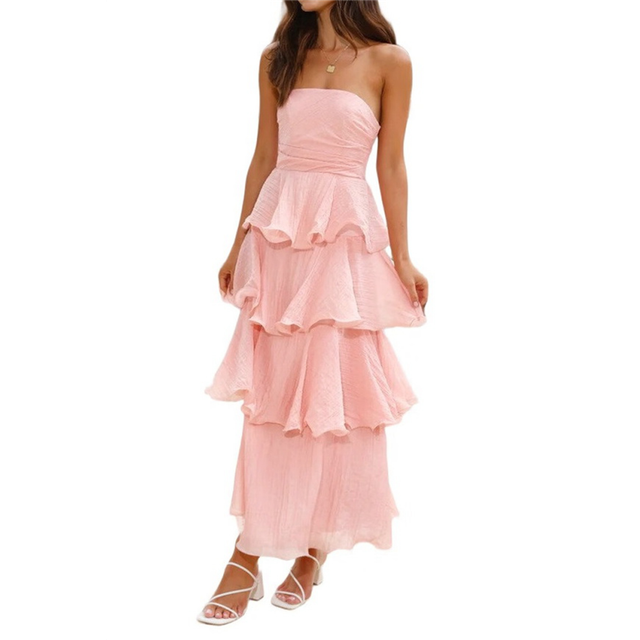 Women Summer Strapless Maxi Dress Ruffle Tiered Solid Backless Smocked Elegant Flowy Beach Long Dresses Pink XL
