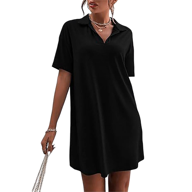 Women Summer V-Neck Dress Short Sleeve Loose Fitted Casual Collared T-Shirt Black XL