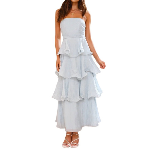 Women Summer Strapless Maxi Dress Ruffle Tiered Solid Backless Smocked Elegant Flowy Beach Long Dresses Light Blue M