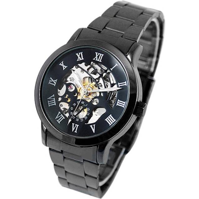 (Black Strap Black Dial, One size) Luxury Men&#39;s Roman Numerals Tungsten Steel Mechanical Skeleton Wrist Watch