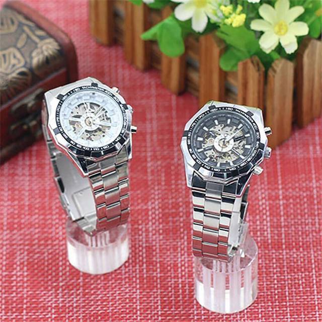 (White, One size) Stylish Men&#39;s Skeleton Automatic Mechanical Watch with Stainless Steel Band