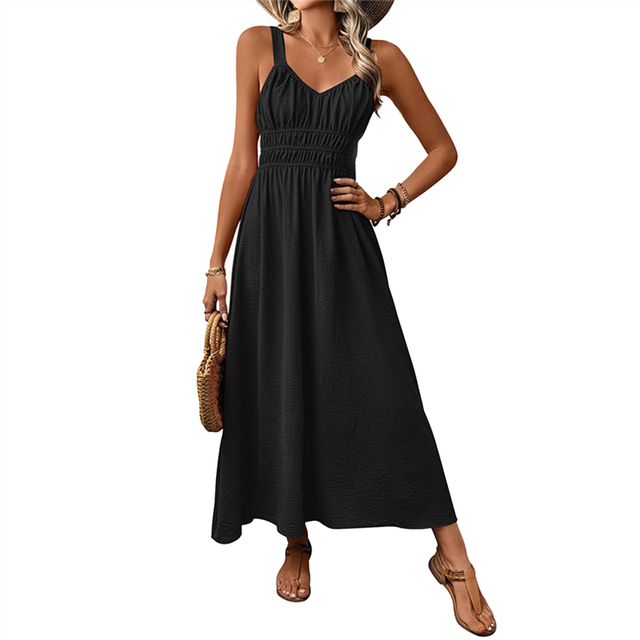 Women'S Smocked Maxi Dresses 2025 Summer Beach Sundress Casual Spaghetti Strap Swing A Line Long Flowy Dress Black L
