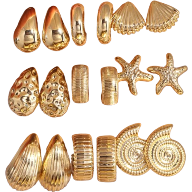 SHEIN 6/18pcs Fashionable Starfish, Seashell, Smooth Water Drop, Textured C-Shape Earrings Set, Suitable For Summer Travel & Vacation Wear