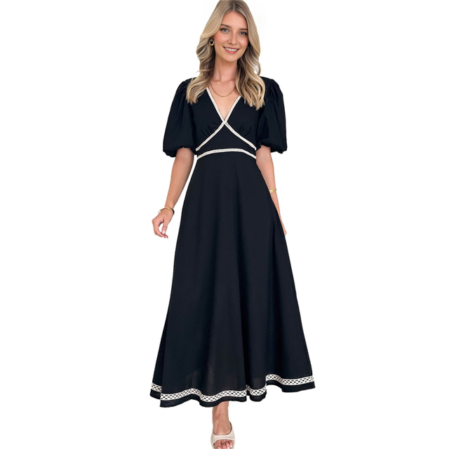 Women'S 2025 Elegant Formal Dress Casual V Neck Puff Sleeve A-Line Swing Flowy Maxi Black XL