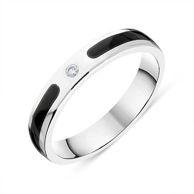 Sterling Silver Whitby Jet Diamond 4mm Patterned Wedding Band Ring - Silver