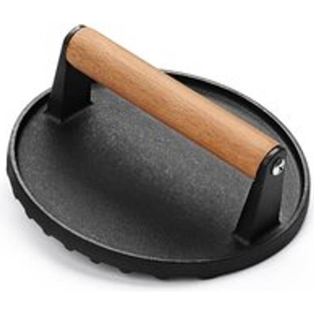 Burger 7Inch Round Cast Iron Smash Bacon Meat Steak with Wood Handle for Griddle, Sandwich, Nonstick Pan