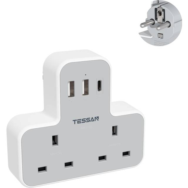 UK to European Travel Plug Adapter, TESSAN EU Adapter with 3 USB Ports (1 USB C), 2 Way Adaptor UK to Europe, Euro Plug for Spain Germany France Turk