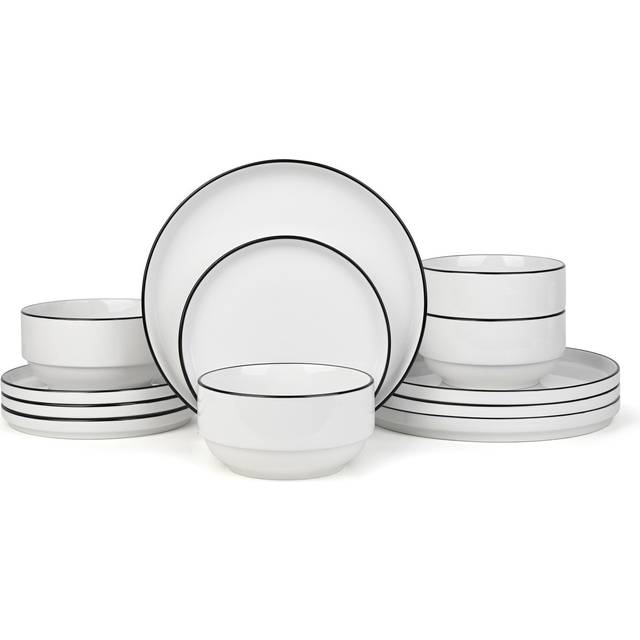 Waterside 12pc Stackable Black Rim Porcelain Dinner Set - White