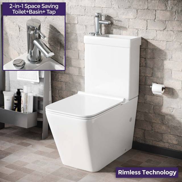 2 in 1 Combo Rimless Toilet & Basin Combined Cloakroom Basin Tap Waste Set | Nova