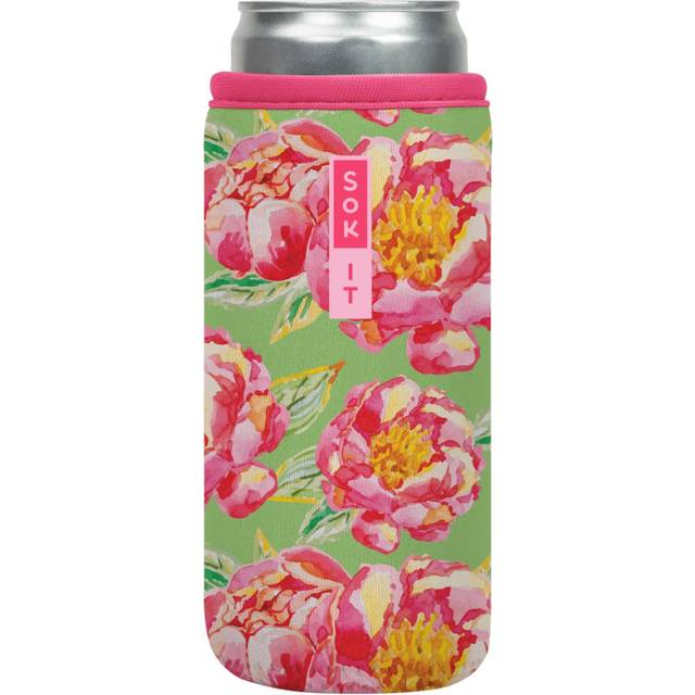 Sok It Can Sok Sleeve for Beer & Soda Insulated Neoprene Cover (Pink Peonies  12oz Slim Can Sleeve)