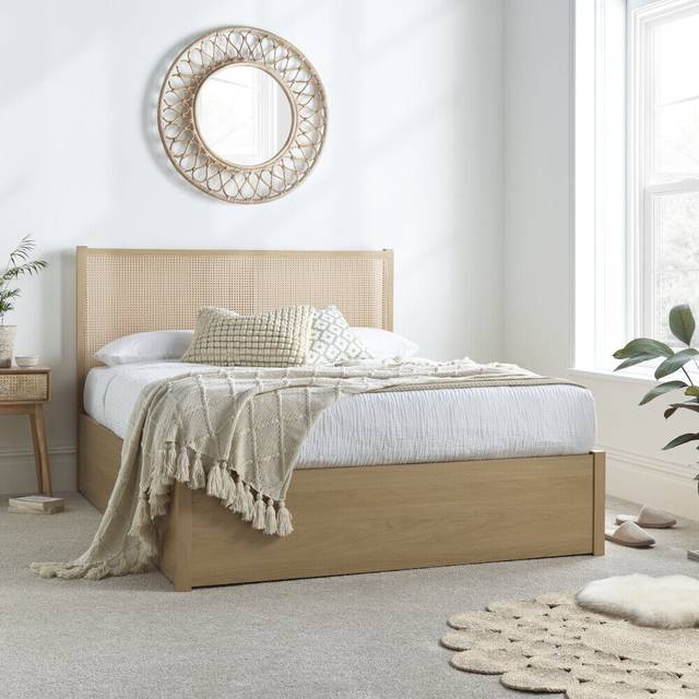 Carson - Double - Rattan Ottoman Storage Bed - Oak - Wooden - 4ft6 - Happy Beds