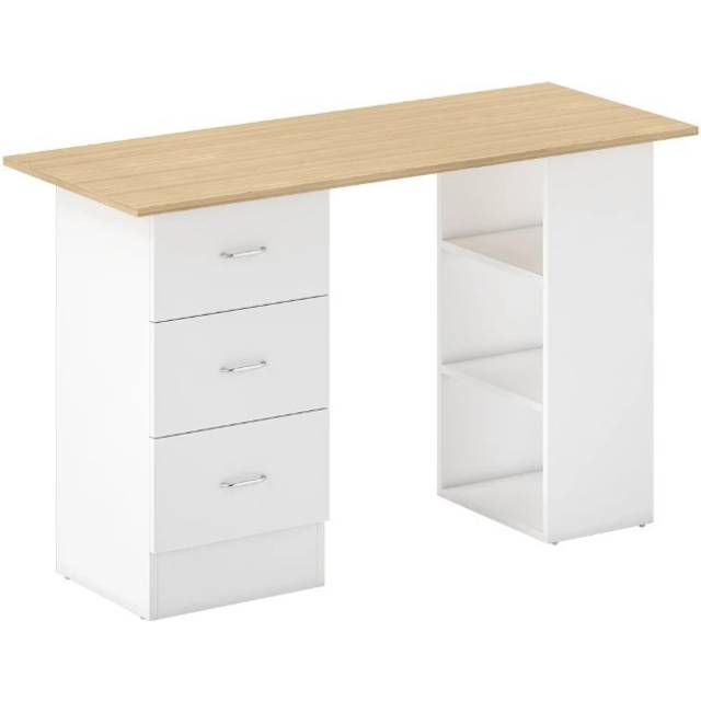 Homcom Computer Desk, Writing Table, Pc Workstation With 3 Storage Shelves And Drawers, Silver Handle, For Home Office, Natural Wood Finish And White