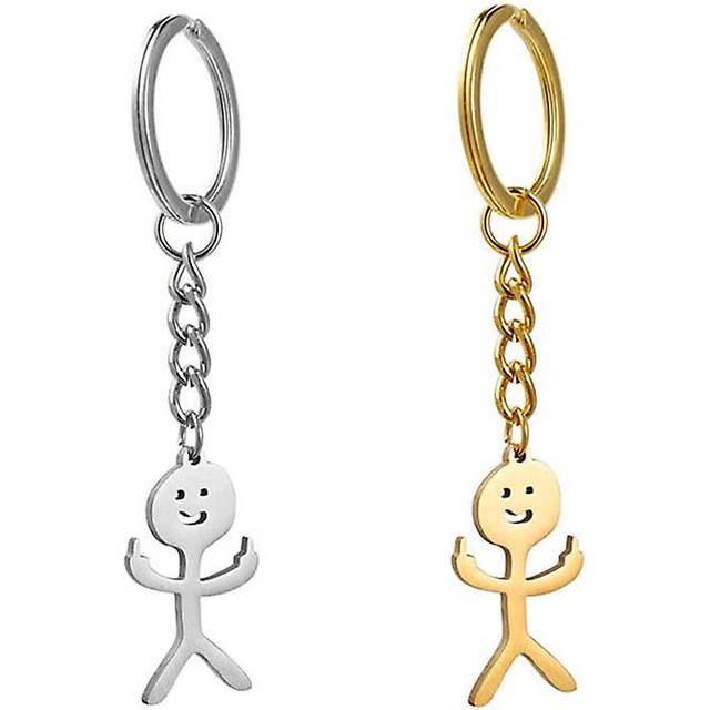 (As show, One size) 2pcs Stainless Steel Funny Doodle Keychain Middle Finger Pendant Keyring Long Distance Friendship Jewelry Gift For Men Women (gold