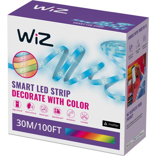 WiZ Smart RGB LED Strip Light, 30 m Cut to Fit, 16 Million Colors, Dynamic Scenes, Wi-Fi, Voice/App Control, Works with Google Home, Alexa and