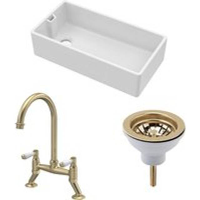 Fireclay Kitchen Bundle - Single Bowl Belfast Sink, Strainer Waste & Mono Lever Handle Tap, 895mm - Brushed Brass - Balterley