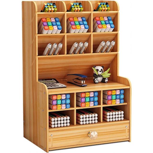 (As show, One size) Upgraded Wooden Pencil Holder, Pen Organizer for Desk with 15 Compartments + Drawer, Desktop Stationary Storage Organizer Caddy