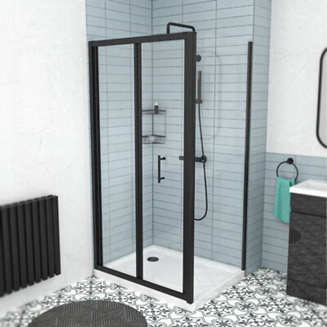 Nes Home Black 900mm Bi-fold Shower Door, 800mm Side Panel Tempered Glass