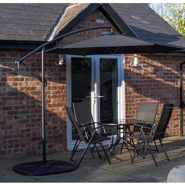 Samuel Alexander 4 Person Round Glass Top Dining Table Chairs With Black Banana Parasol and Base, Black