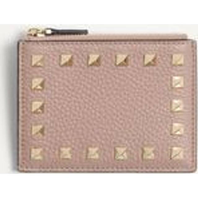Valentino Garavani Rockstud Grainy Calfskin Cardholder With Zip Woman POUDRE UNI