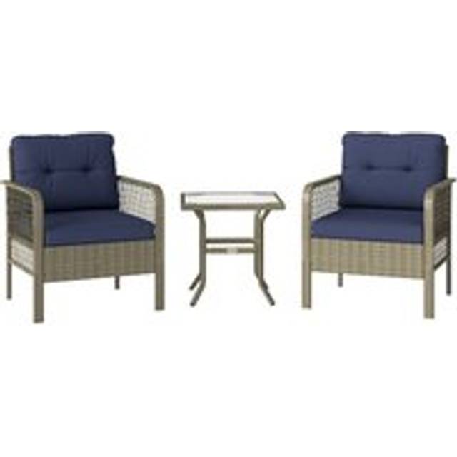 Outsunny 3 Pieces Rattan Bistro Set With Glass Top Coffee Table, Chairs And Cushions For Outdoor, Patio, Balcony, Charcoal Grey