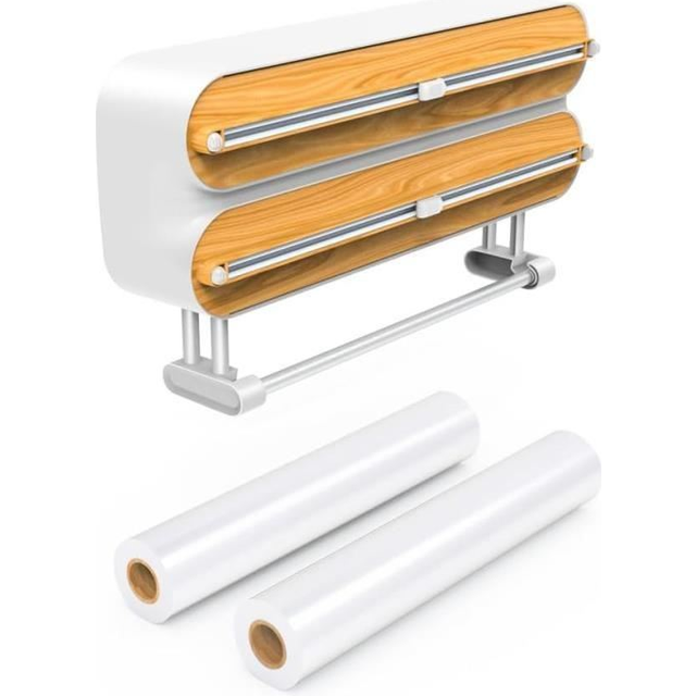 Aluminum Foil and Film Dispenser with Paper Towel Holder, Magnetic Foil Cutter for Kitchen with 2 Rolls of Film, White
