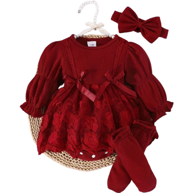 SHEIN 1 Set Baby Girl Elegant & Luxurious Long Sleeve Mesh Contrast Romper + Headband + Socks, Autumn/Winter
